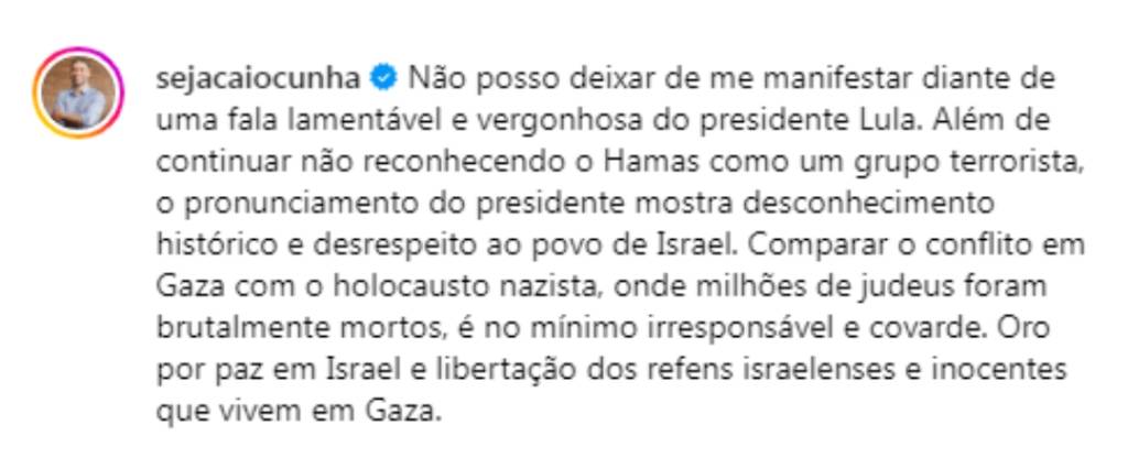 Publicação do Prefeito de Mogi das Cruzes, Caio Cunha. Foto: Reprodução.