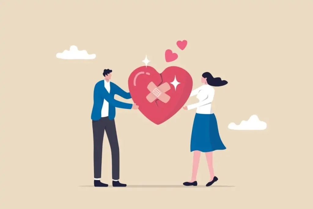 ilustração de homem e mulher segurando coração com bandaid