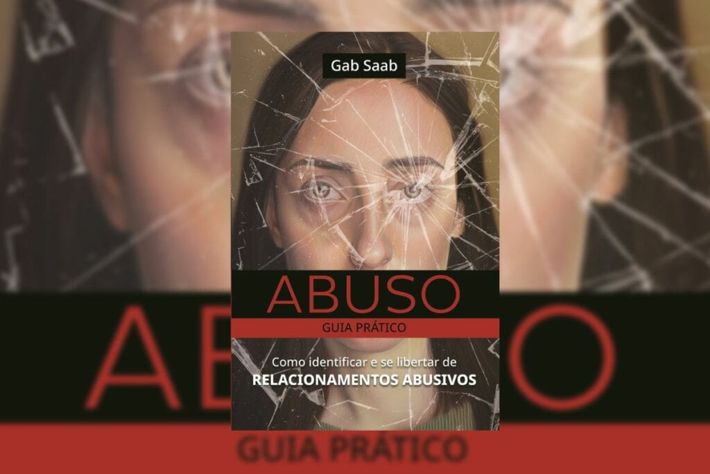 Capa do livro "Abuso: Guia Prático" com uma mulher com uma tarja preta em cima da boca