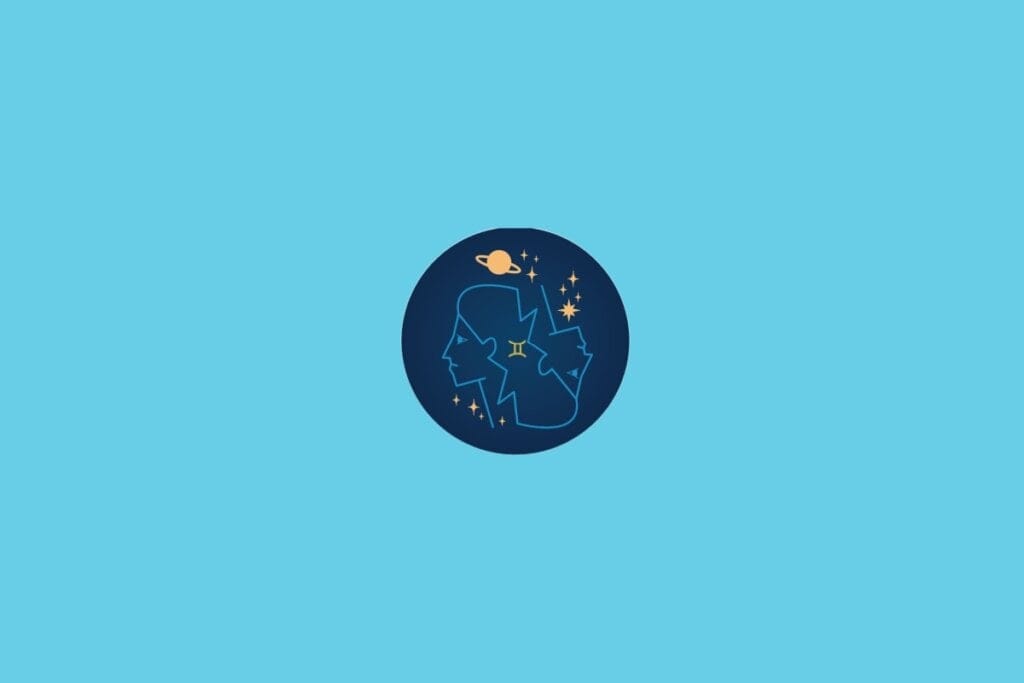 Ilustração do signo de Gêmeos com dois rostos humanos voltados em direções opostas, cercados por estrelas e um fundo azul