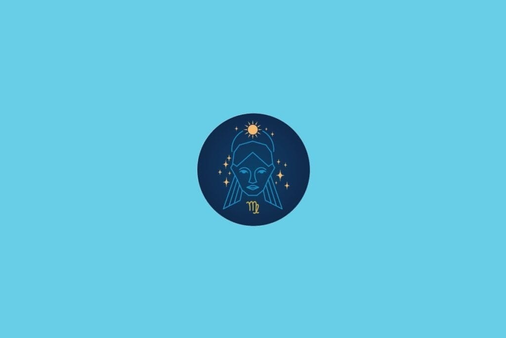 Ilustração do signo de Virgem com a figura estilizada de uma mulher acompanhada por estrelas e um fundo azul