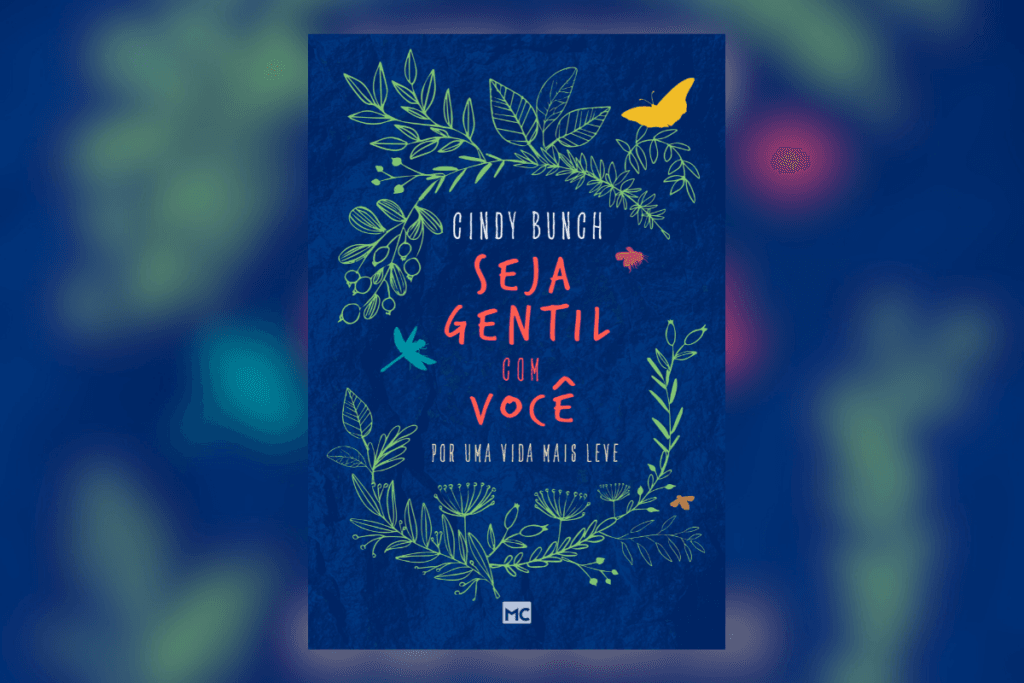 Capa de livro com o título e nome da autora fundo em azul-escuro e há plantas circulando o titulo do livro
