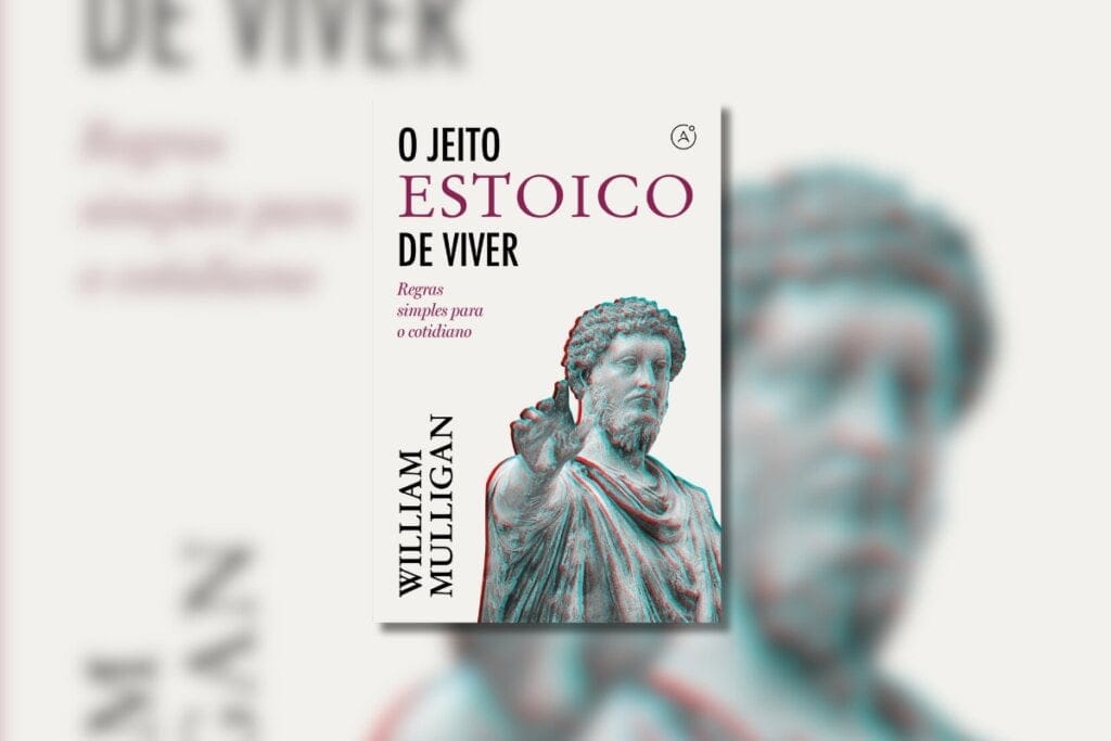 Capa do livro "O jeito estoico de viver" com fundo bege e a ilustração de uma estátua