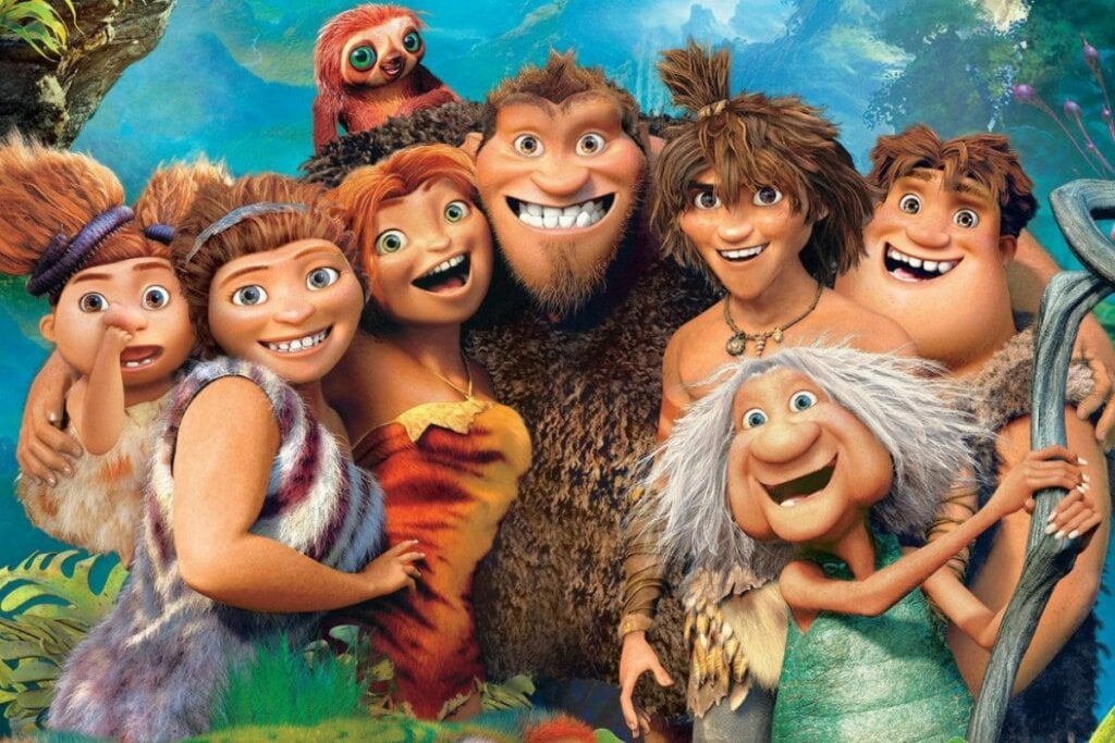 Ilustração dos personagens do filme "Os Croods" um ao lado do outro sorrindo