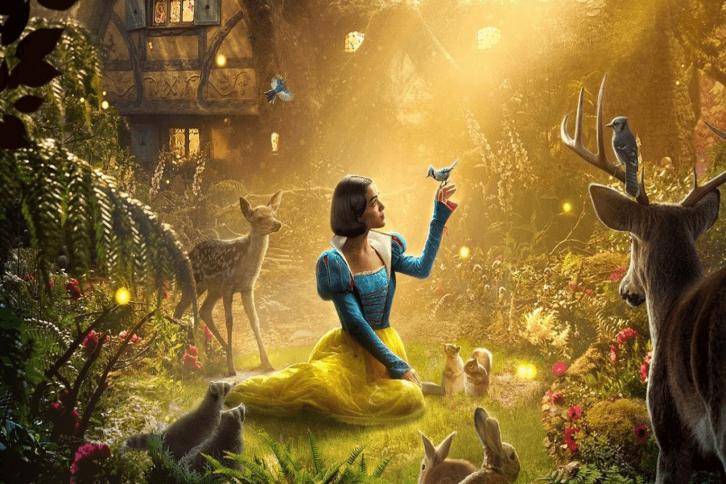 Imagem da Branca de Neve no meio da floresta com os animais ao seu redor
