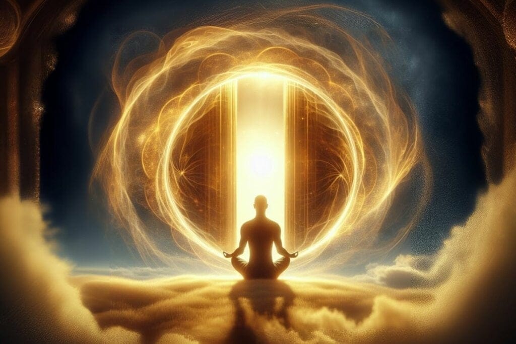 Ilustração da sombra de uma pessoa em frente a uma porta iluminada com uma luz dourada