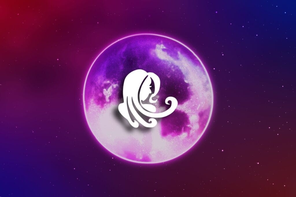 Símbolo do signo de virgem dentro de círculo com fumaça roxa em um fundo roxo escuro