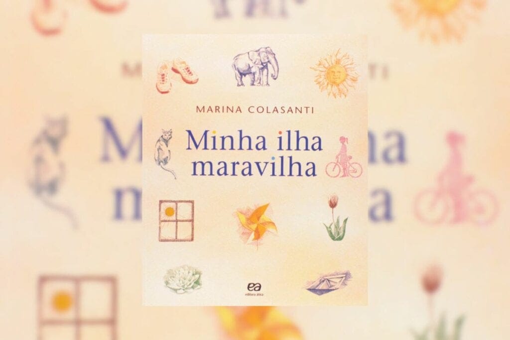 Capa do livro "Minha ilha maravilha" com a ilustração de flores e animais em um fundo bege-claro