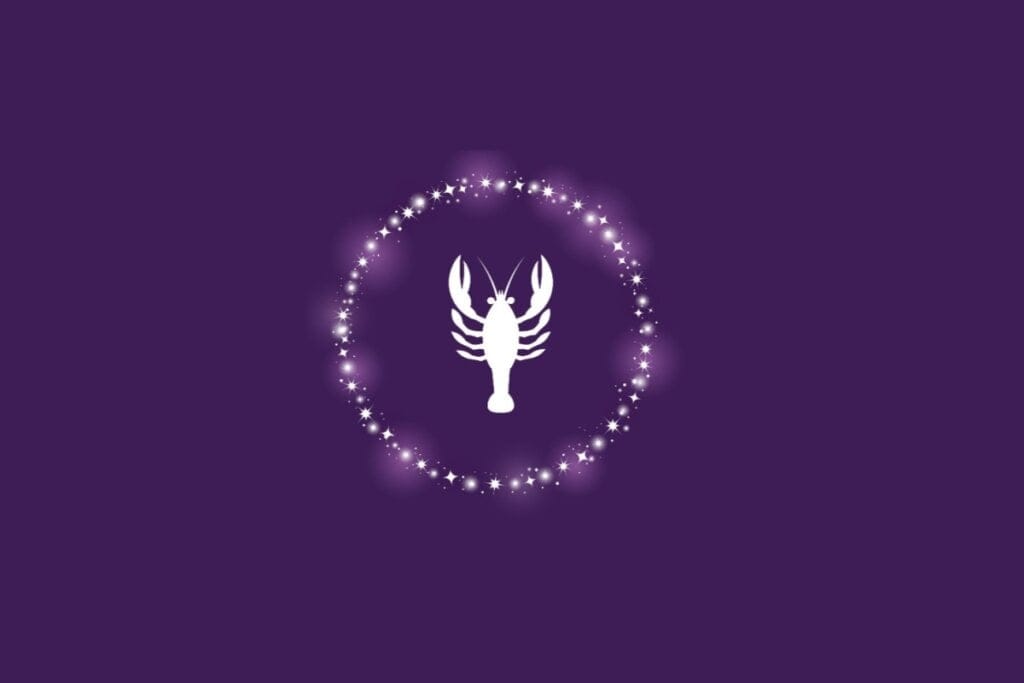 Ilustração do símbolo do signo de Câncer em branco, envolvido por pontos brilhantes em um fundo roxo