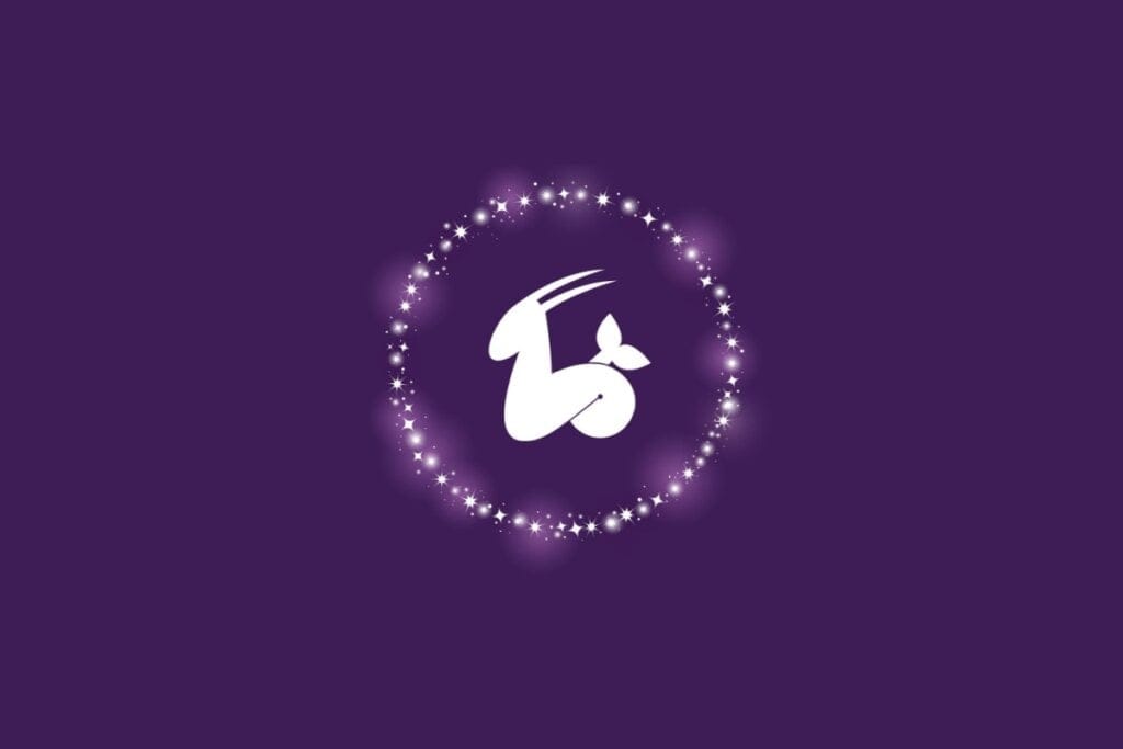 Símbolo do signo de Capricórnio representado por uma cabra com cauda de peixe, em branco, cercada por um círculo de pontos brilhantes sobre fundo roxo