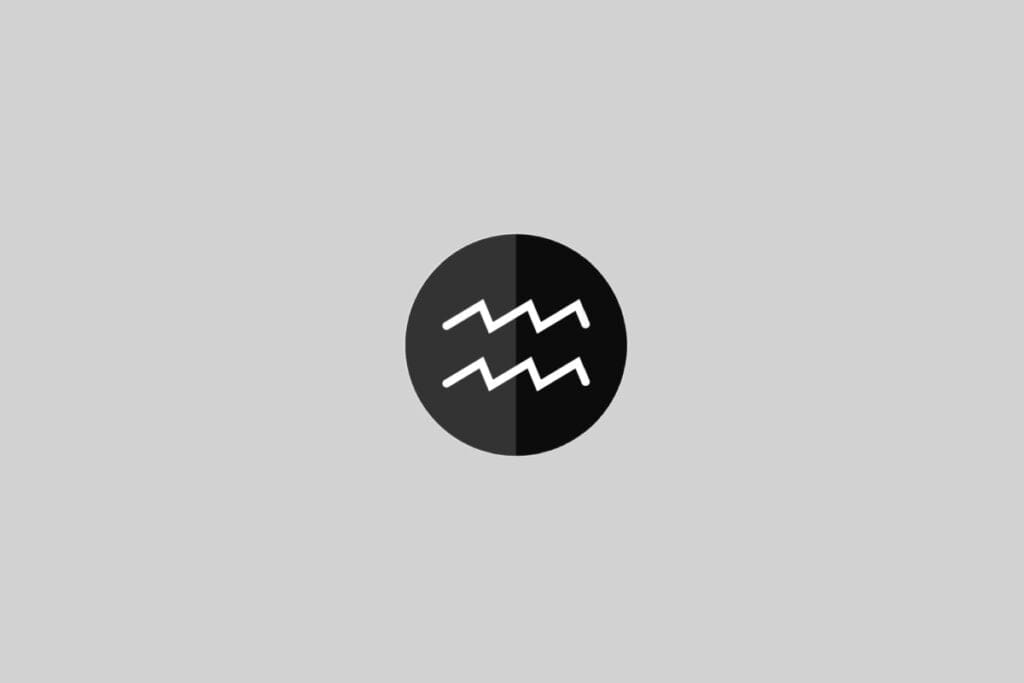 Ilustração do signo de Aquário, contendo duas linhas onduladas brancas paralelas, sobre fundo cinza com círculo preto central dividido ao meio em dois tons