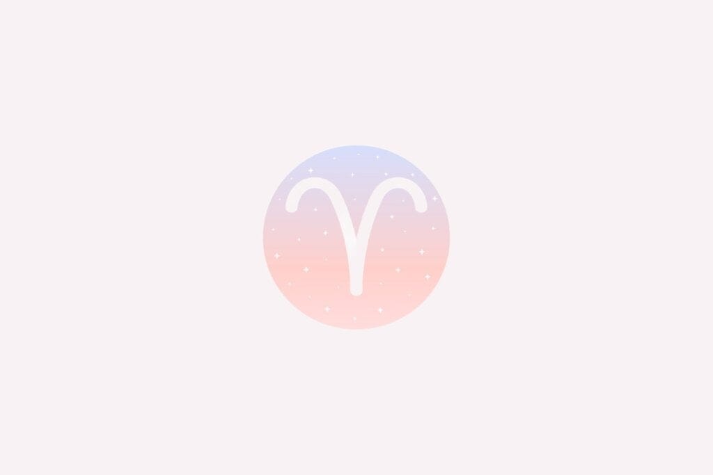 Ilustração do signo de Áries com traços brancos em forma de “V” curvo representando chifres em fundo rosa e azul com estrelas