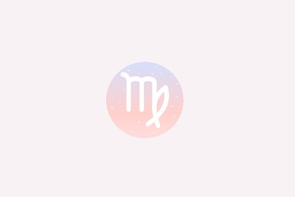 Ilustração do signo de Virgem com símbolo branco semelhante à letra “M” com traço final curvado, em fundo rosado com estrelas