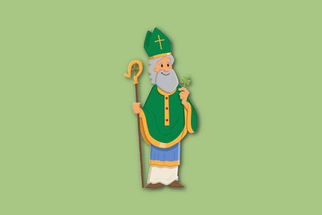 Ilustração de São Patrício segurando um cajado e um trevo em um fundo verde