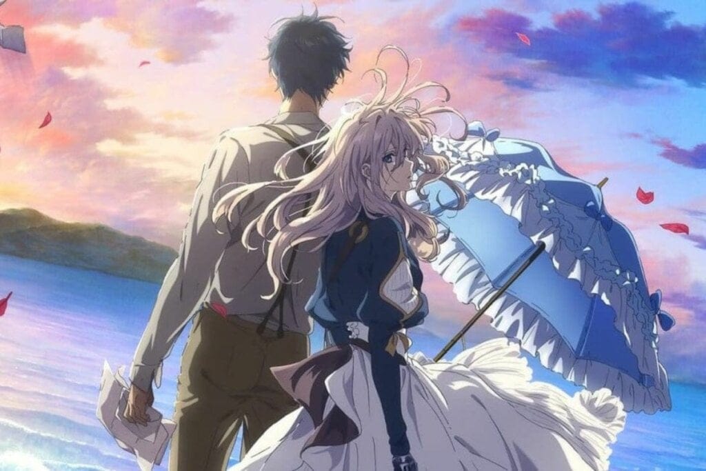 Ilustração de um homem e uma mulher ao pôr do sol no anime "Violet Evergarden"