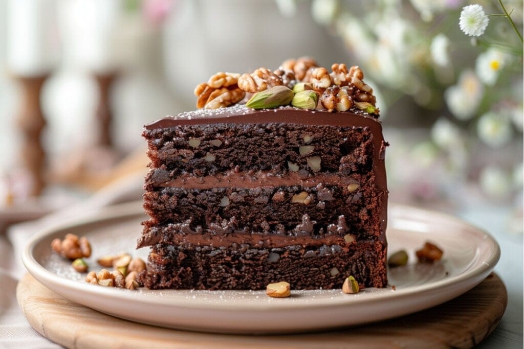 Bolo de chocolate com recheio de chocolate com pistache e nozes e coberto de chocolate com pistache e nozes servido em prato de cerâmica marrom-claro em cima de mesa