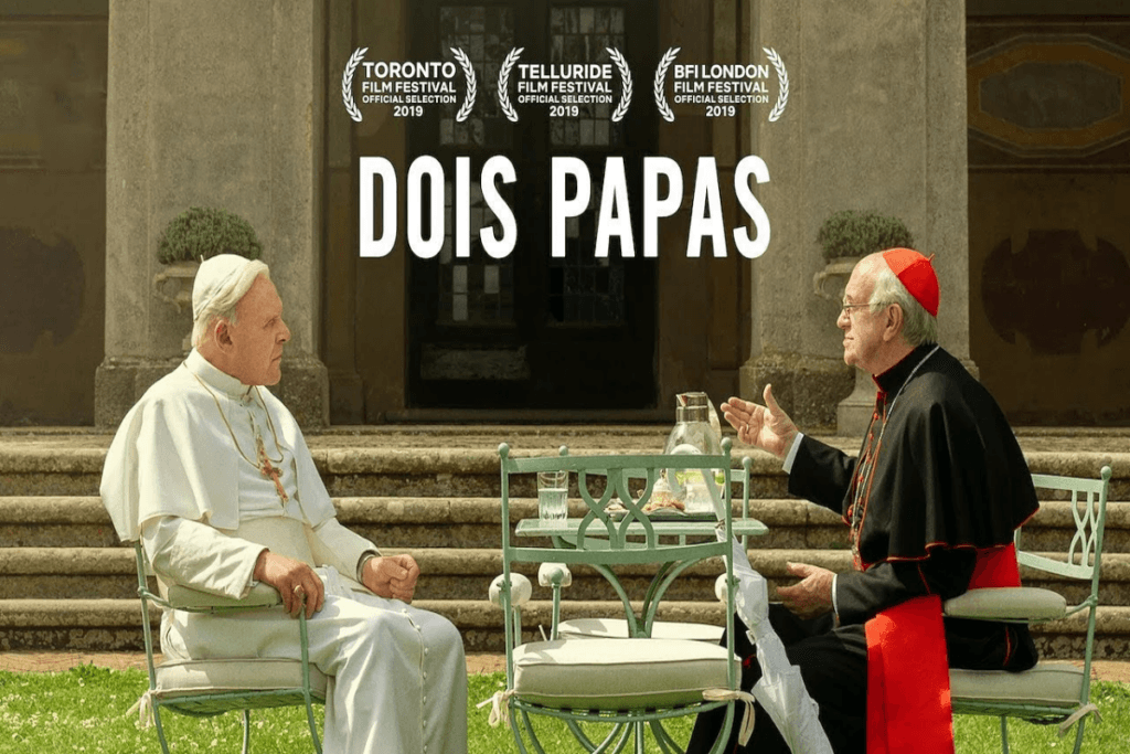 Dois homens sentados conversando em jardim, um deles está usando uma roupa litúrgica branca e o outro com uma roupa litúrgica preta e vermelha