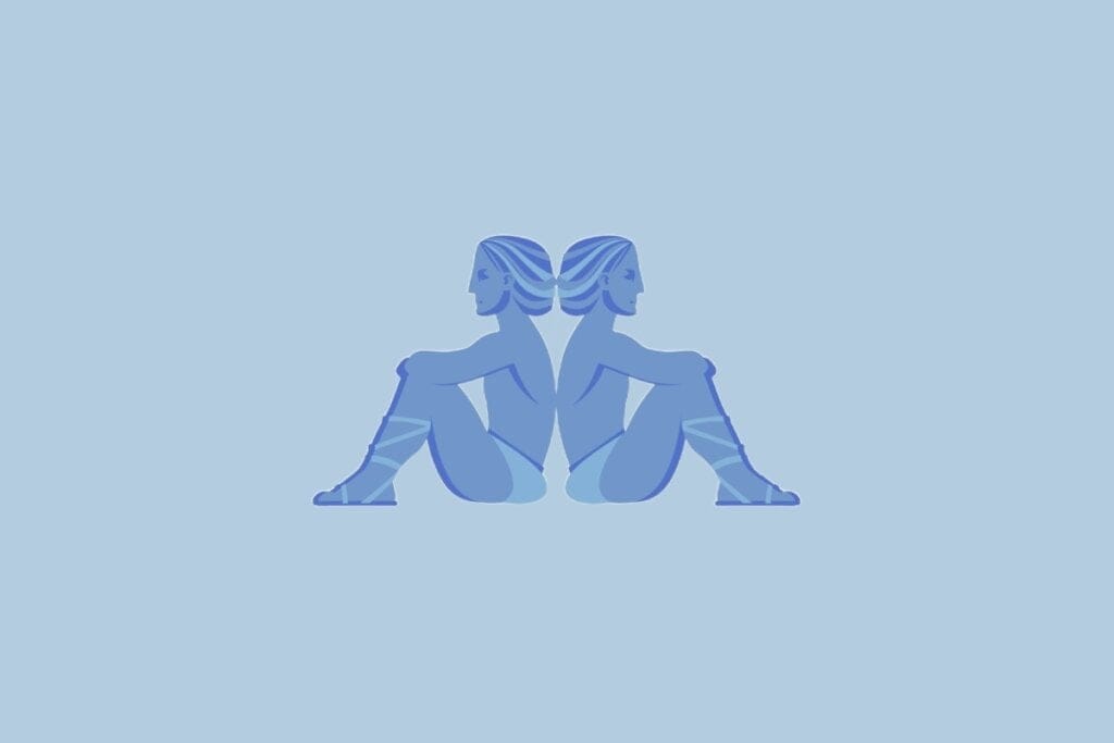 Ilustração do signo Gêmeos, com duas figuras humanas azuis sentadas de costas uma para a outra, sobre fundo azul-claro
