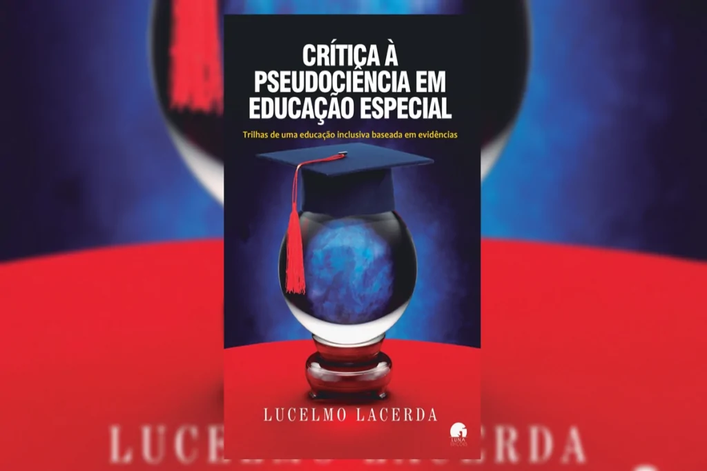 Capa de livro azul e vermelha com título e nome do autor com um globo de vidro e um chapéu de formatura em cima