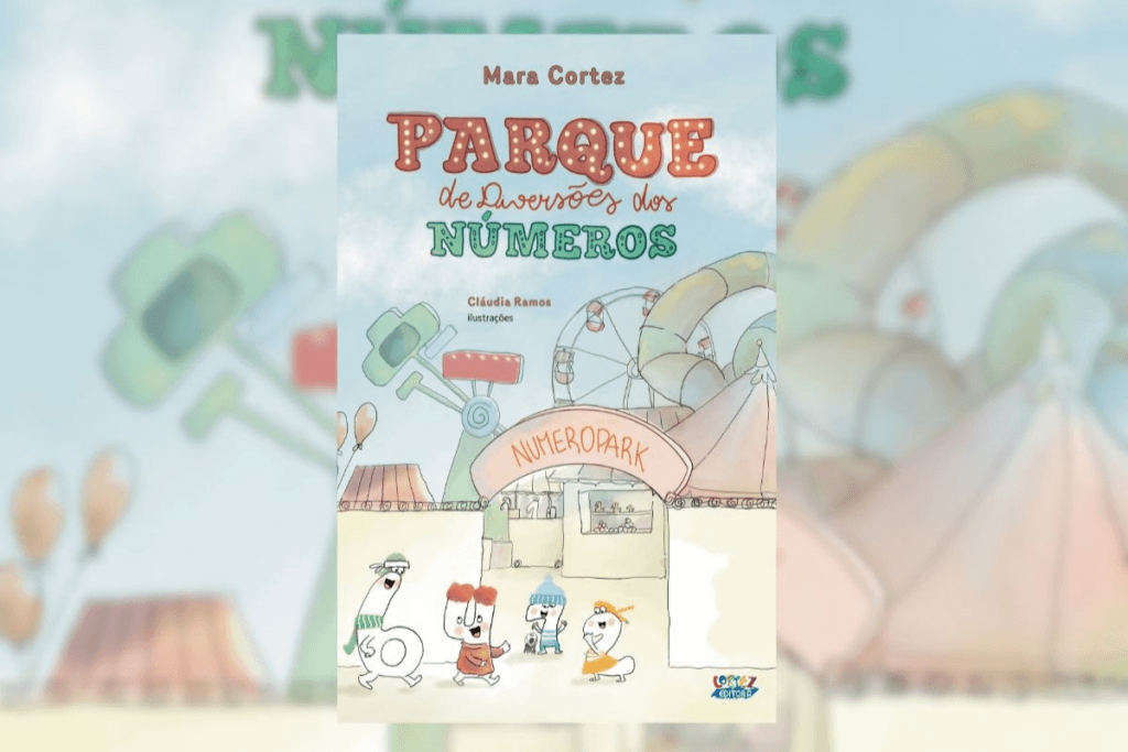 Capa de livro com título e nome do autor e com a ilustração de um parque de diversões e números entrando no parque