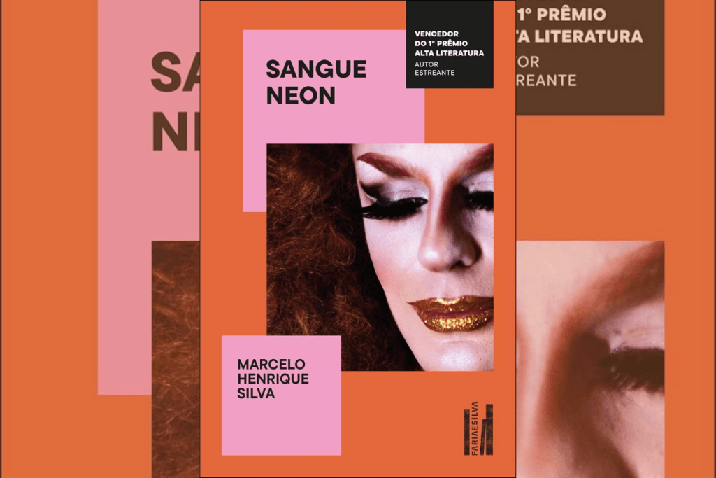 Capa de livro em laranja e rosa com título e nome do autor e imagem de uma pessoa usando maquiagem, com os olhos bem escuros e um batom vermelho