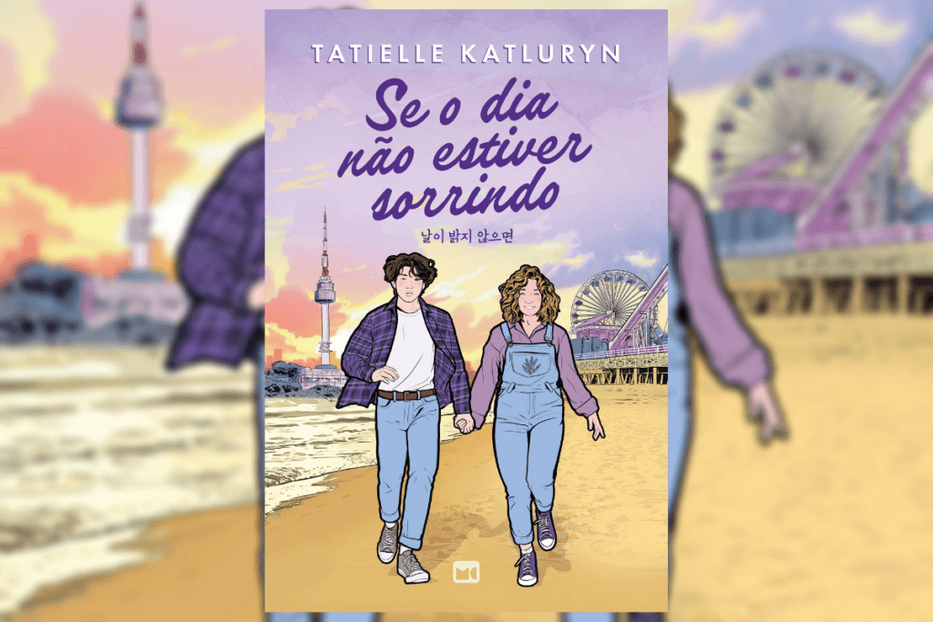 Capa de livro com titulo e nome do autor e ilustração de um casal andando de mãos dadas na praia