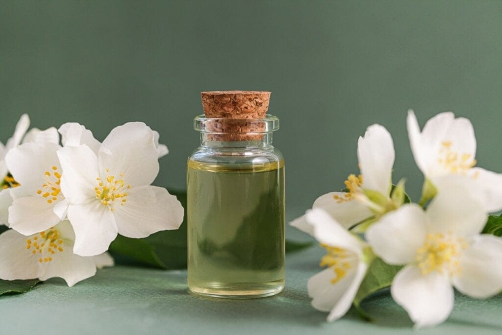 Frasco transparente com óleo essencial de jasmim em fundo verde com flores de jasmim