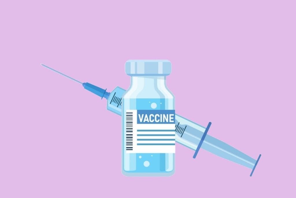 Ilustração de um vidro de vacina e atrás dele a seringa de aplicação ambos em tons de azul em um fundo roxo