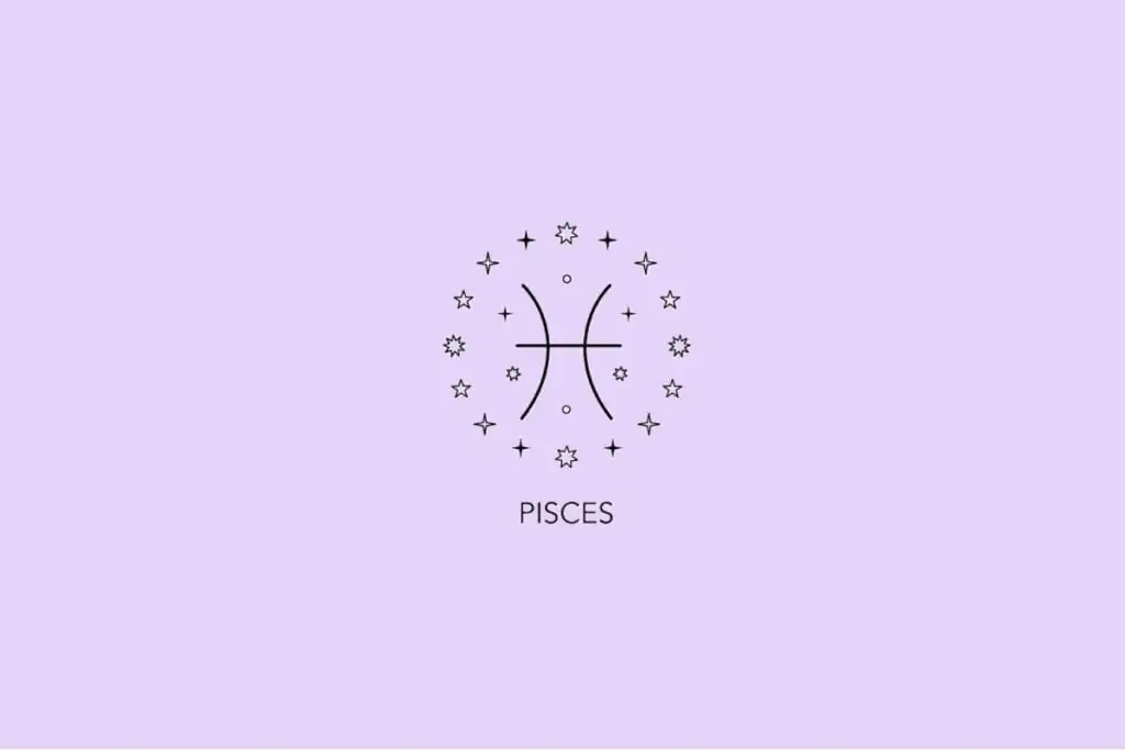 Imagem com fundo lilás apresentando o símbolo astrológico do signo de Peixes rodeado por pequenas estrelas
