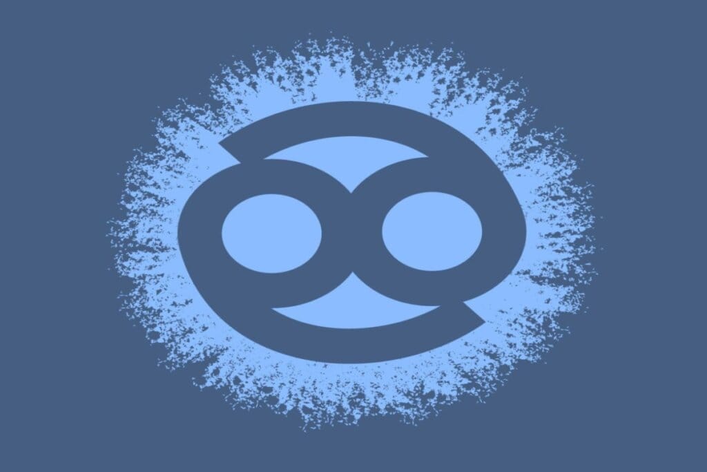 Ilustração do símbolo do signo de câncer em círculo azul-claro sobre fundo azul-escuro