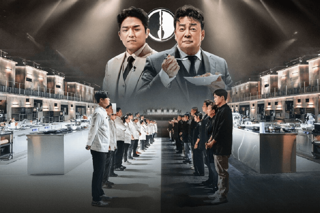 Cozinheiros divididos em duas equipes enfrentam-se em uma arena moderna de competição gastronômica e imagem dos jurados acima