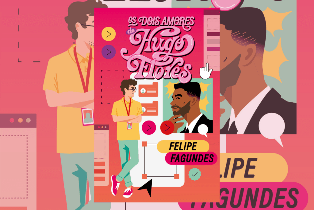 Capa de livro com título e nome do autor com a imagem de um jovem com o cabelo curto, usando óculos, um crachá, uma camiseta amarela e uma calça verde, ao lado de quadros e um deles com a imagem de um homem negro de cabelo curto, de barba usando uma roupa formal preta