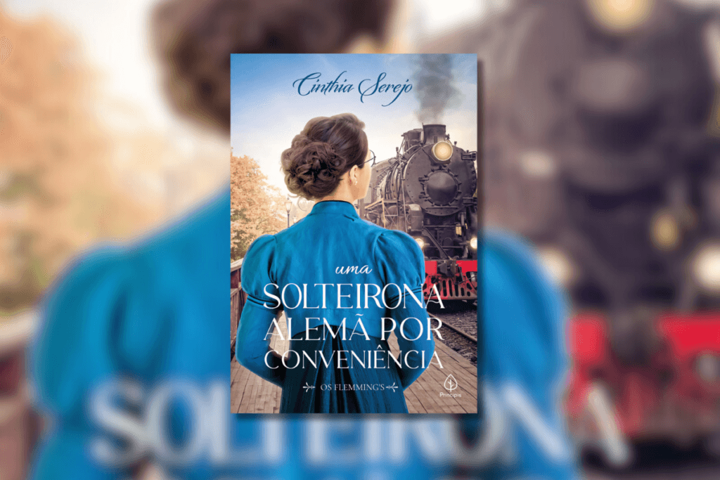 Capa de livro com título escrito em branco e nome do autor em azul com a imagem de uma mulher de costas usando roupa de época e um trem chegando