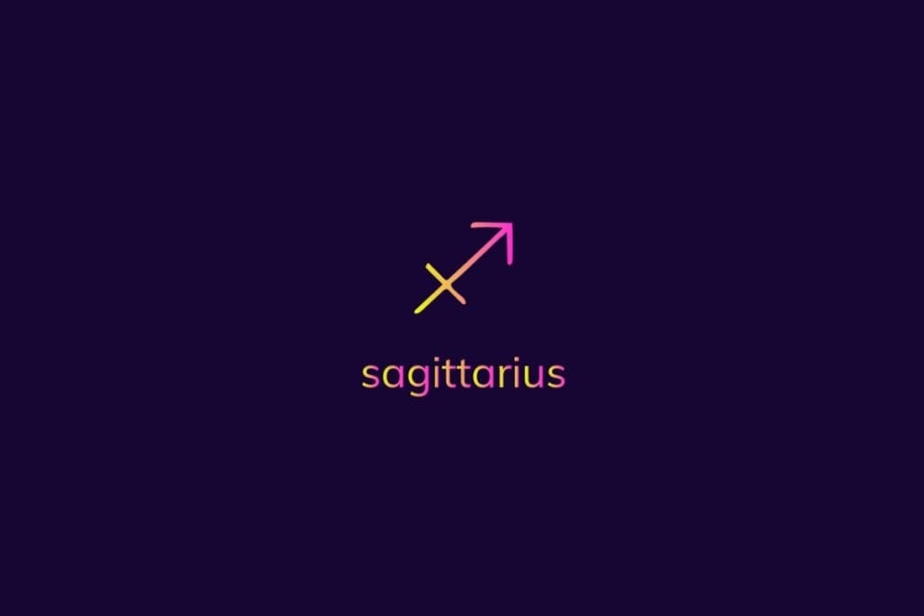 Ilustração do signo de sagitário na cor rosa e amarelo em um fundo azul-escuro