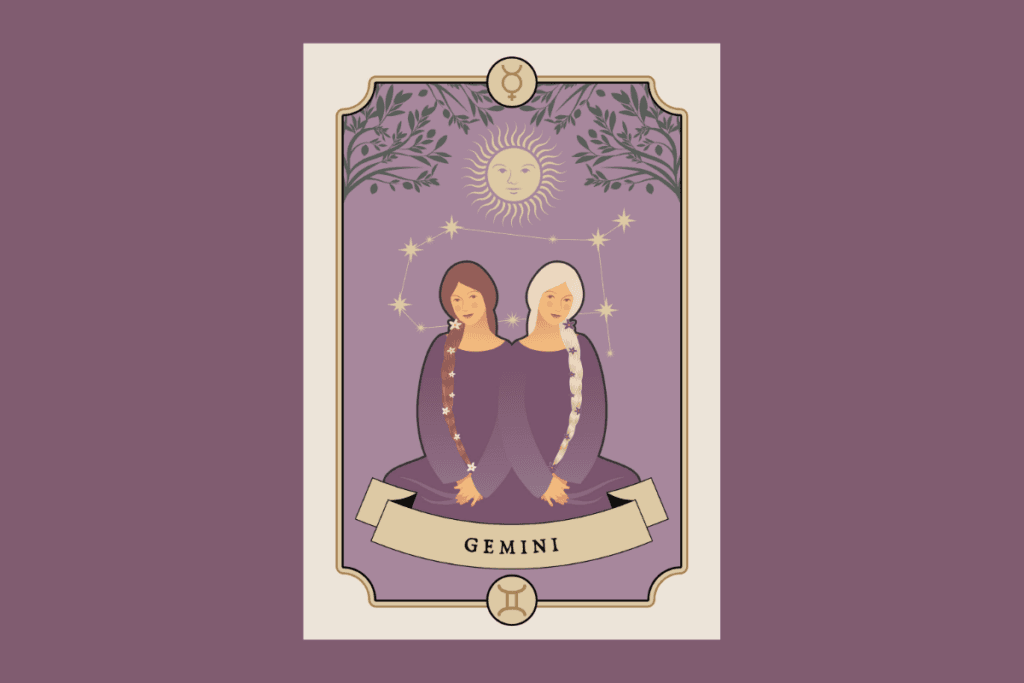 Imagem com ilustração de duas jovens uma ao lado da outra com roupas roxas e cabelos trançados uma com o cabelo castanho e outro loiro - representando o signo de Gêmeos