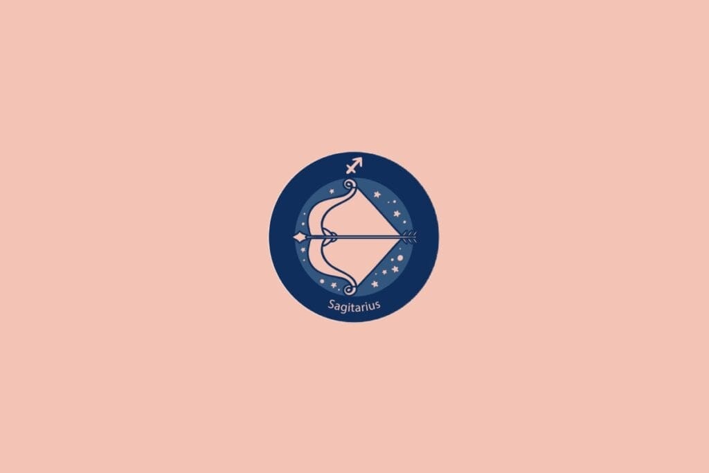 Ilustração do signo de Sagitário com um arco e flecha apontados para cima em fundo azul com estrelas e rosa
