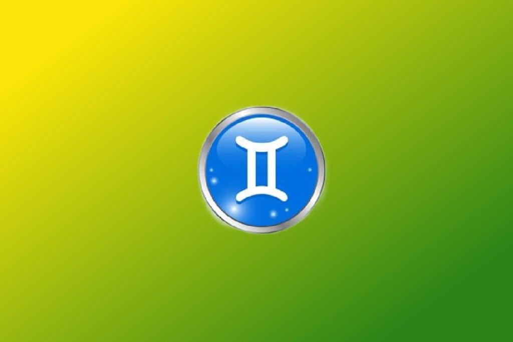 Ilustração do signo de Gêmeos com símbolo branco com duas hastes verticais e horizontais curvas nas extremidades em círculo azul com borda prateada sobre fundo verde e amarelo.