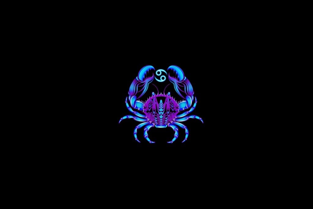 Ilustração do signo de câncer em roxo e rosa em um fundo preto