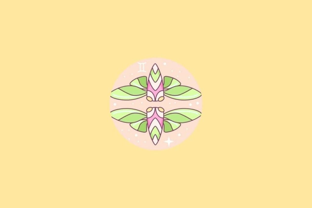 Ilustração do signo de Gêmeos em um círculo em cima de um fundo laranja
