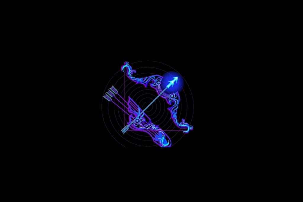 Ilustração do signo de sagitário em roxo e rosa em um fundo preto