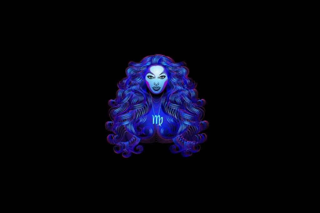 Ilustração do signo de libra em roxo e rosa em um fundo preto