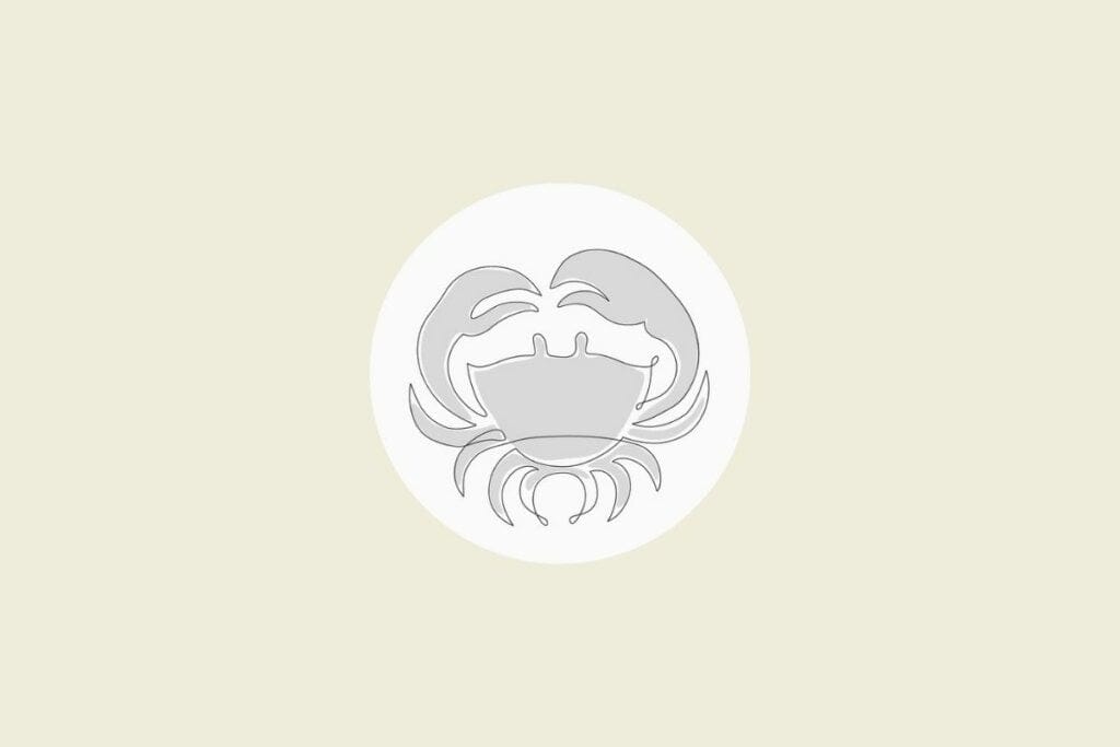 Ilustração do signo de câncer em preto e branco, dentro de um círculo, sobre um fundo bege-claro