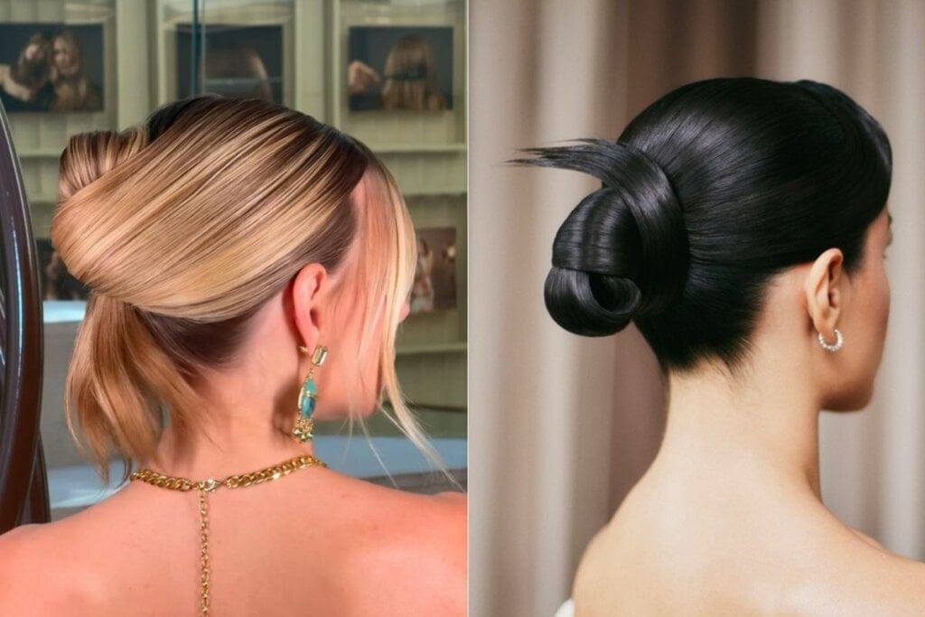 Foto colagem de duas mulheres viradas de costas com coque torcido no cabelo 