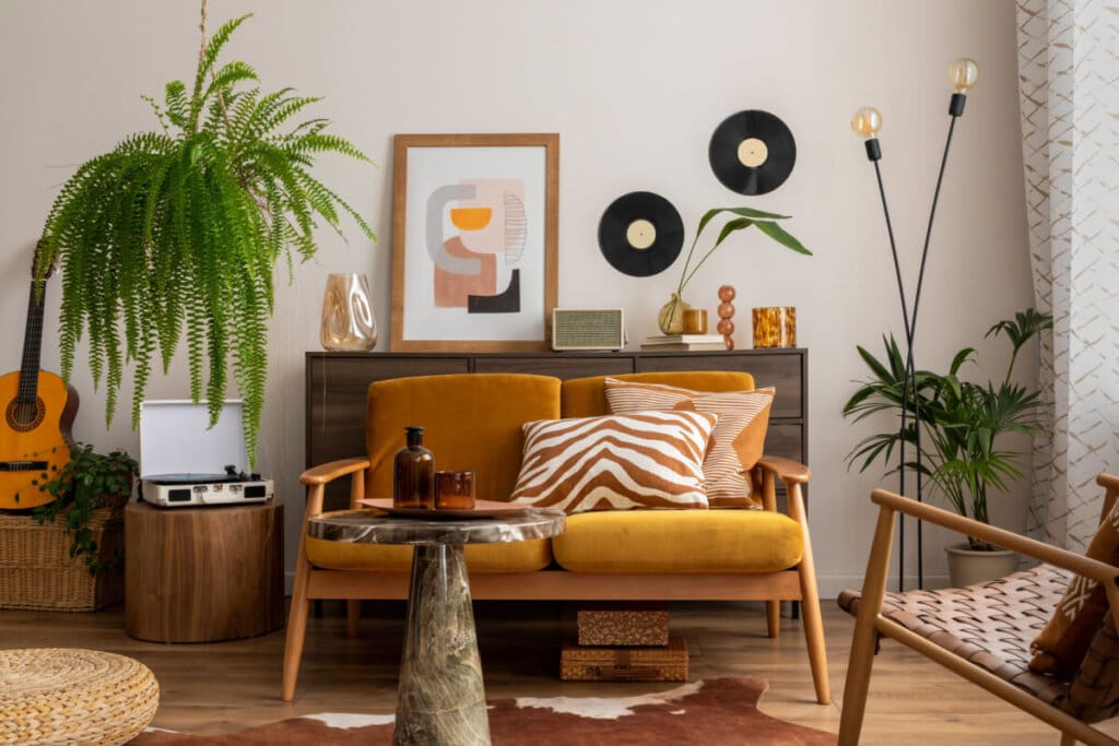 Sala com cadeiras em madeira e estofado amarelo-escuro com almofadas com estampa listrada branco e laranja, com plantas ao redor e tapete com estampa de animal e atrás das cadeiras um móvel em madeira escura com quadros e objetos de decoração