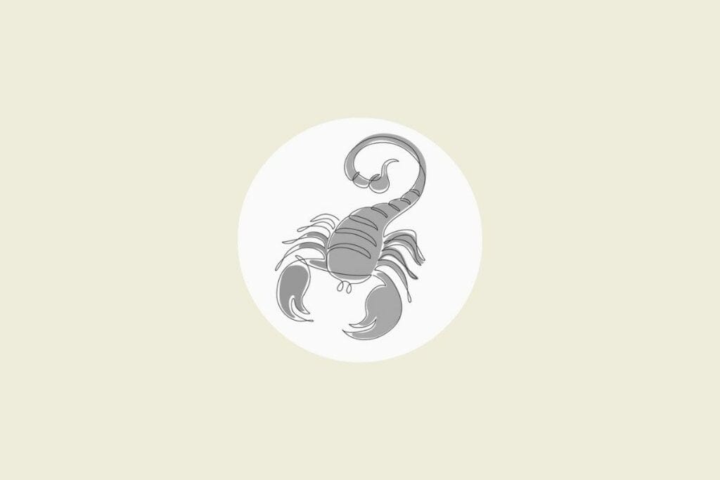 Ilustração do signo de escorpião em preto e branco, dentro de um círculo, sobre um fundo bege-claro