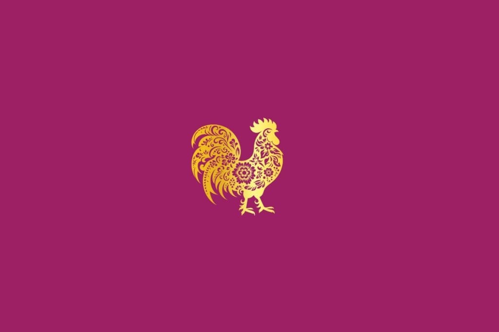 Ilustração de um galo dourado em um fundo rosa-escuro