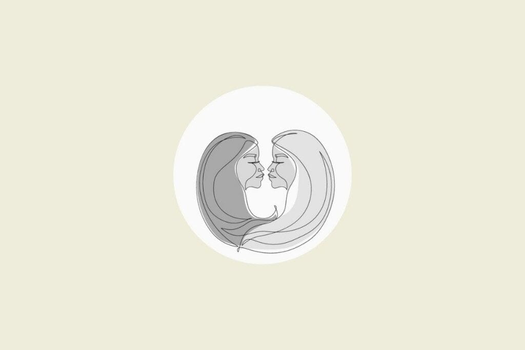 Ilustração do signo de gêmeos em preto e branco, dentro de um círculo, sobre um fundo bege-claro