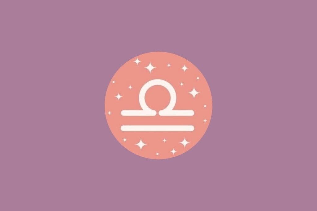 Ilustração do signo de libra em um círculo verde e em um fundo roxo