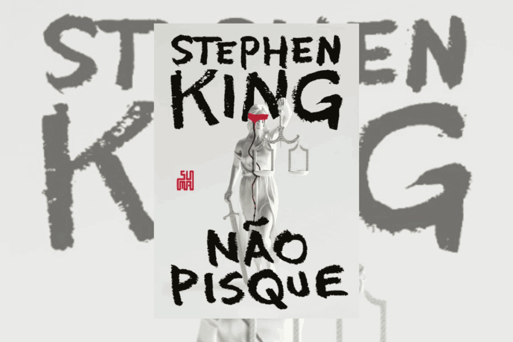 Capa de livro cinza com nome do autor e título do livro escrito em preto - com a imagem de uma estátua da deusa da justiça com sangue escorrendo de uma faixa vermelha nos olhos