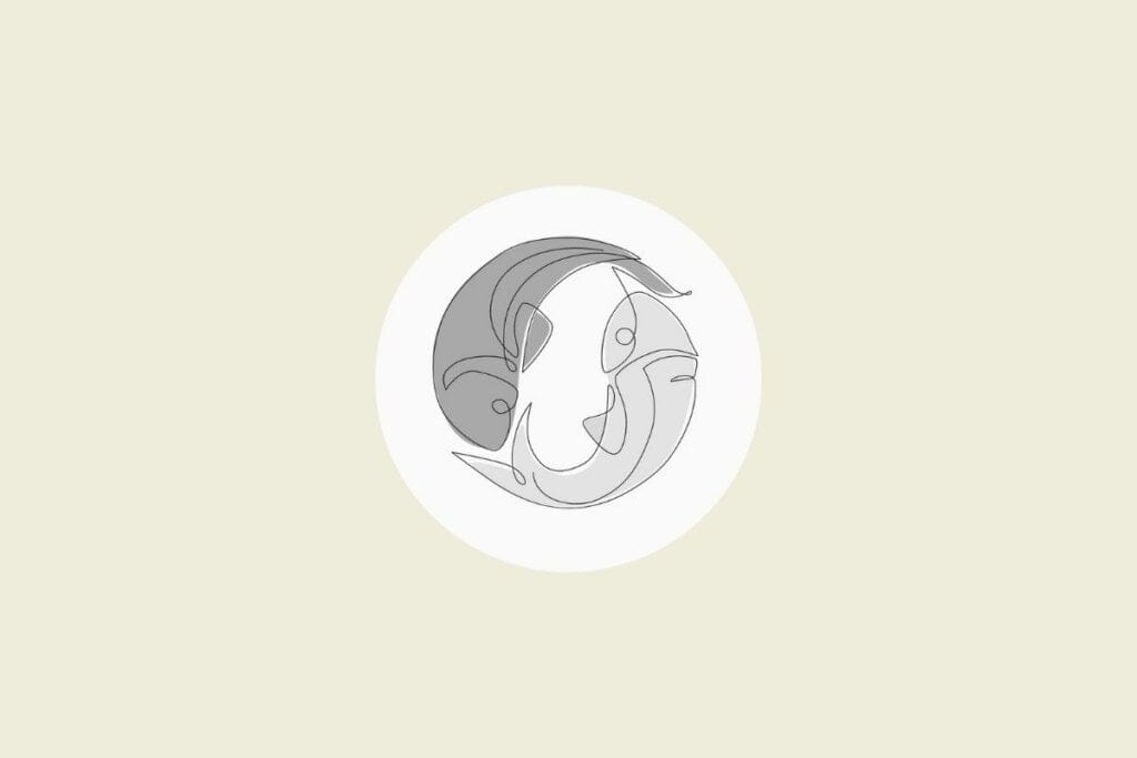 Ilustração do signo de peixes em preto e branco, dentro de um círculo, sobre um fundo bege-claro